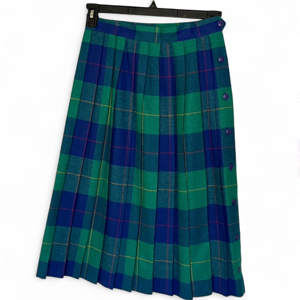 Vintage Pleated Plaid Green and Blue Skirt